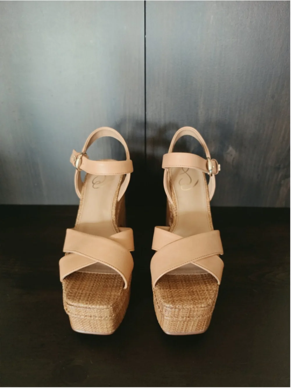 Sam Edelman Trianna LEATHER Woven Jute Raffia Block Heel Sandals 7.5 M Tan Brown